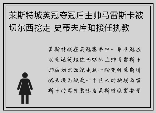 莱斯特城英冠夺冠后主帅马雷斯卡被切尔西挖走 史蒂夫库珀接任执教 莱斯特城英冠夺冠后主帅马雷斯卡被切尔西挖走 史蒂夫库珀接任执教